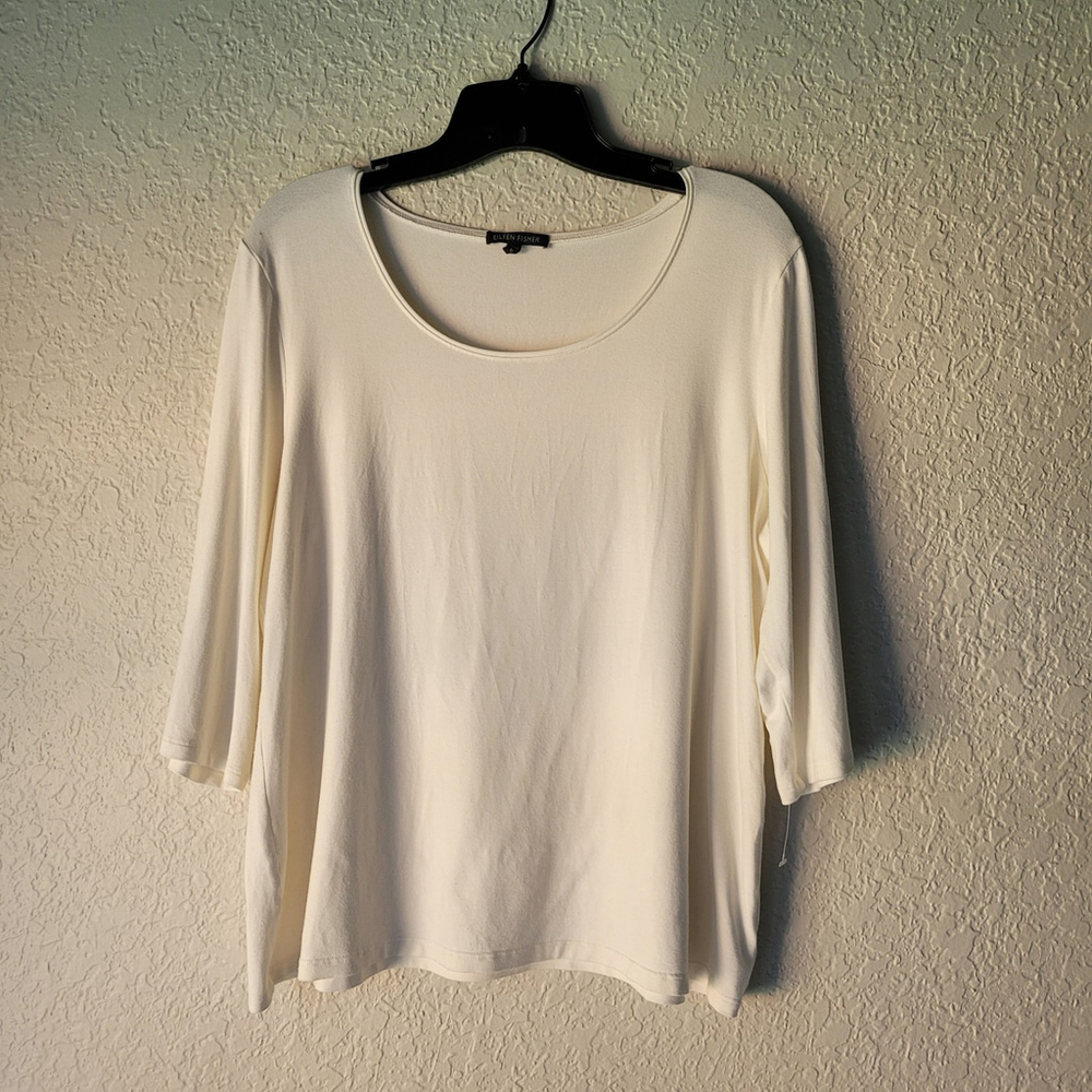 NWOT Eileen Fisher Women's Ivory 3/4 Sleeve Rayon Lycra Top Medium Round Neck